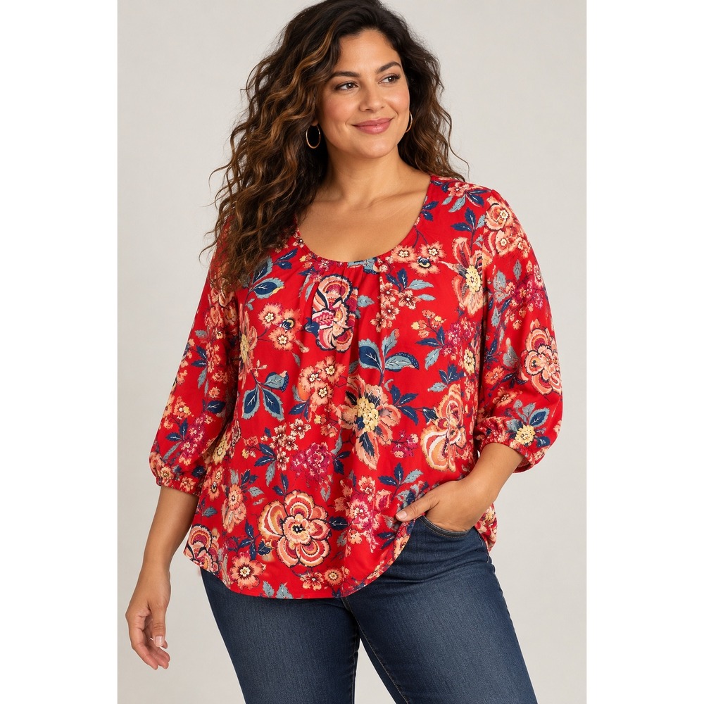 Junarose Red Floral 3/4 Sleeve Blouse Boho Peasant Top Flowy Coquette Size 16
